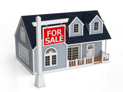 Sale of house. The sign of sale in front of the house